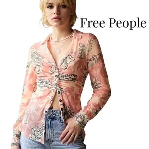 Free People Lucky Shirtee Peach Blossom Floral Mesh Ruched Button Blouse XS Boho